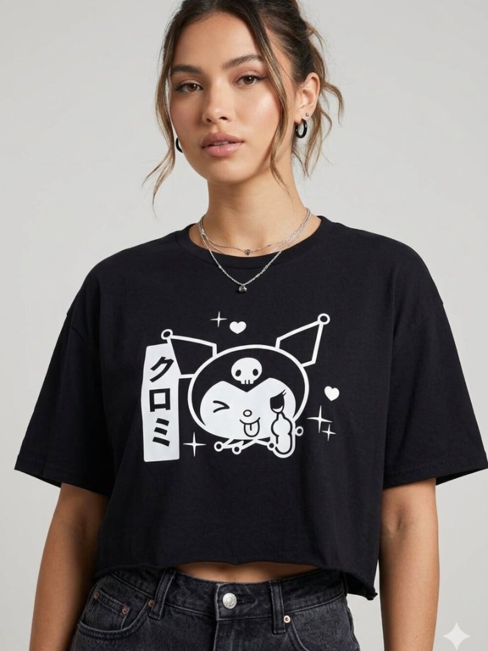 Sanrio Kuromi Black Crop Top Japanese Katakana Graphic Tee XL